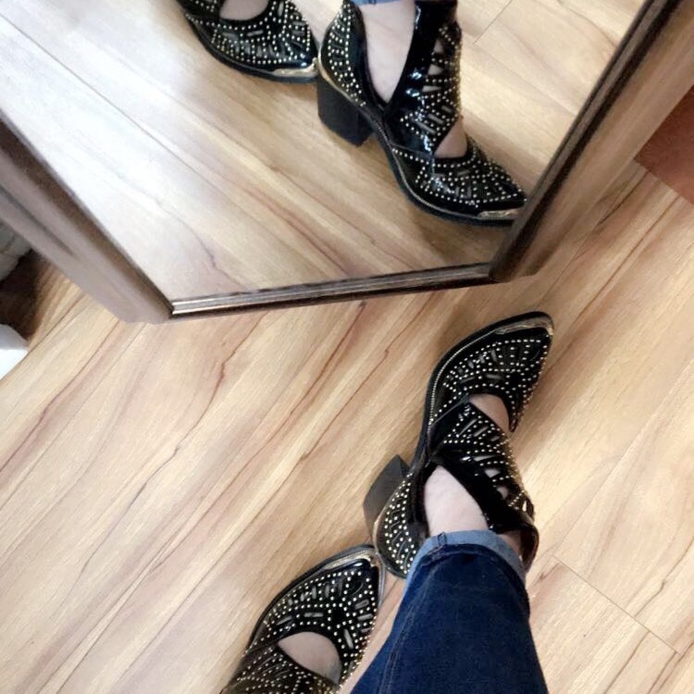 Jeffrey Campbell Black Patent Studded Cutout Ankle Booties with Gold Trim - Picture 2 of 5